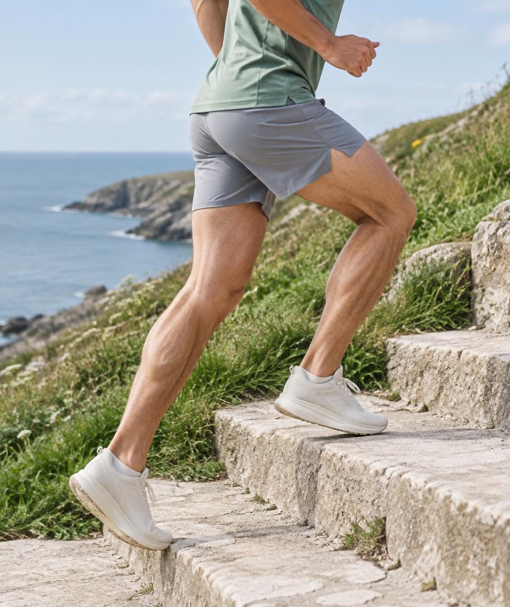 A runner’s calf muscles in motion while climbing outdoor steps