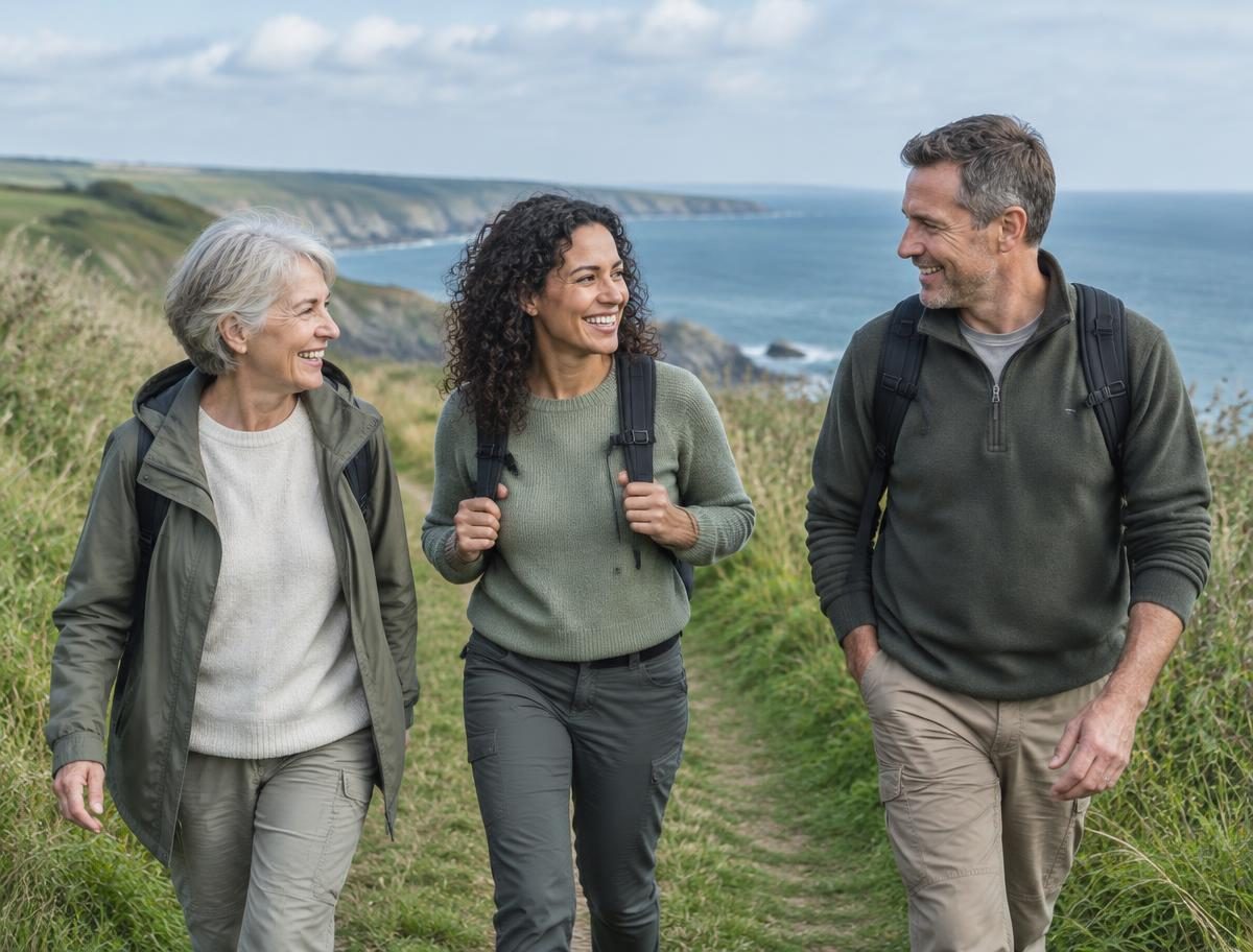 Three adults of different ages enjoying a conversation on a coastal walk